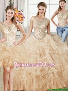 Three Piece Scoop Sleeveless Beading and Ruffles Lace Up 15 Quinceanera Dress