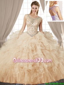 Perfect Scoop Sleeveless Tulle Sweet 16 Dresses Beading and Ruffles Lace Up