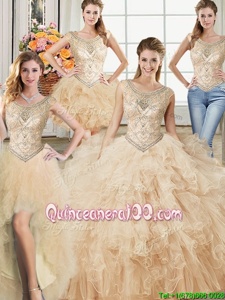 Charming Four Piece Scoop Champagne Tulle Lace Up Sweet 16 Quinceanera Dress Sleeveless Floor Length Beading and Ruffles