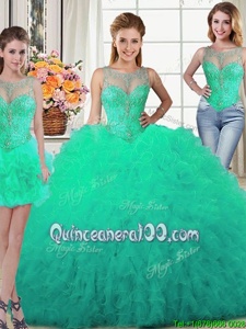 Three Piece Floor Length Turquoise Ball Gown Prom Dress Scoop Sleeveless Lace Up