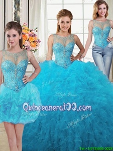 Nice Three Piece Scoop Spring and Summer and Fall and Winter Tulle Sleeveless Floor Length Quinceanera Gown andBeading and Ruffles