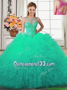 Romantic Scoop Sleeveless Floor Length Beading and Ruffles Lace Up Ball Gown Prom Dress with Turquoise
