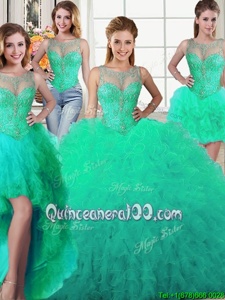 Customized Four Piece Scoop Turquoise Lace Up Sweet 16 Dress Beading and Ruffles Sleeveless Floor Length
