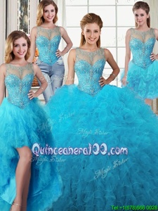 Fitting Four Piece Scoop Beading and Ruffles Vestidos de Quinceanera Baby Blue Lace Up Sleeveless Floor Length