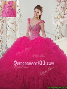 On Sale Tulle Straps Sleeveless Lace Up Beading and Ruffles and Hand Made Flower Quinceanera Dresses inHot Pink