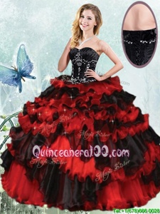 Dazzling Sleeveless Floor Length Beading and Ruffled Layers Lace Up Quince Ball Gowns with Black and Red