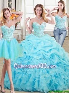 Best Three Piece Pick Ups Floor Length Ball Gowns Sleeveless Aqua Blue Quince Ball Gowns Lace Up