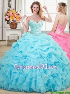 Custom Designed Aqua Blue Ball Gowns Organza Sweetheart Sleeveless Beading and Ruffles and Pick Ups Floor Length Lace Up 15 Quinceanera Dress