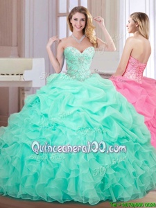 Apple Green Organza Lace Up Sweetheart Sleeveless Floor Length Quinceanera Gowns Beading and Ruffles and Pick Ups