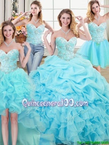 Gorgeous Four Piece Pick Ups Floor Length Ball Gowns Sleeveless Aqua Blue Sweet 16 Quinceanera Dress Lace Up