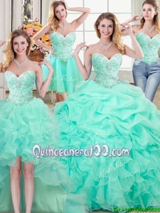 Simple Four Piece Apple Green Lace Up Sweetheart Beading and Ruffles and Pick Ups 15th Birthday Dress Organza Sleeveless