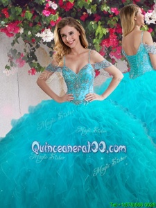 Sumptuous Off the Shoulder Beading and Ruffles 15th Birthday Dress Teal Lace Up Sleeveless Floor Length
