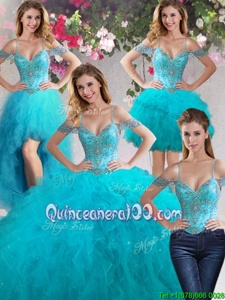 Designer Four Piece Off the Shoulder Beading and Ruffles Vestidos de Quinceanera Teal Lace Up Sleeveless Floor Length