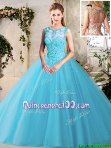 Super Baby Blue Ball Gowns Scoop Sleeveless Tulle Floor Length Lace Up Beading 15th Birthday Dress