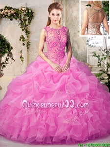 Elegant Scoop Floor Length Lace Up Quinceanera Gowns Rose Pink and Lilac and In forMilitary Ball and Sweet 16 and Quinceanera withBeading and Ruffles and Pick Ups
