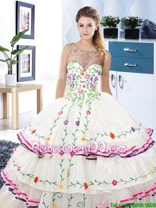 Suitable Ruffled Floor Length White Sweet 16 Dresses Scoop Sleeveless Lace Up