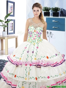 Unique Ruffled Ball Gowns Sweet 16 Dresses White Scoop Organza and Taffeta Sleeveless Floor Length Lace Up