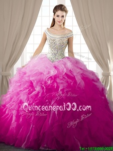 Admirable Off The Shoulder Sleeveless Lace Up 15 Quinceanera Dress Fuchsia Organza