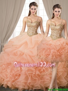 Customized Three Piece Peach Spaghetti Straps Neckline Beading and Ruffles and Pick Ups Quinceanera Dresses Sleeveless Lace Up
