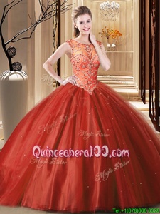 High End Brush Train Ball Gowns Vestidos de Quinceanera Wine Red Scoop Tulle Sleeveless Lace Up