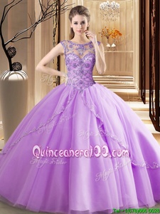 On Sale Tulle Scoop Sleeveless Brush Train Lace Up Beading Quinceanera Dresses inLavender