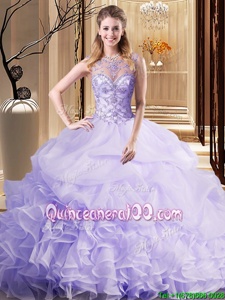 Latest Scoop Pick Ups Lavender Sleeveless Organza Brush Train Lace Up Quinceanera Gown forMilitary Ball and Sweet 16 and Quinceanera