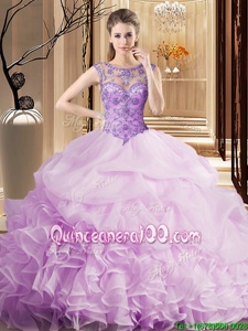 Nice Scoop Pick Ups Lilac Sleeveless Organza Brush Train Lace Up Sweet 16 Quinceanera Dress forMilitary Ball and Sweet 16 and Quinceanera