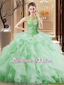 Edgy Spring Green Quinceanera Gowns Military Ball and Sweet 16 and Quinceanera and For withBeading and Ruffles Scoop Sleeveless Brush Train Lace Up