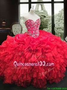 Wonderful Red Ball Gowns Sweetheart Sleeveless Organza Floor Length Lace Up Embroidery and Ruffles Quinceanera Dresses