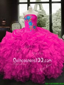 Attractive Sleeveless Floor Length Embroidery and Ruffles Lace Up Quinceanera Gowns with Fuchsia