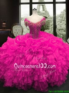 Discount Fuchsia Ball Gowns Beading and Ruffles Quinceanera Gowns Lace Up Organza Cap Sleeves Floor Length