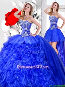 Dazzling Three Piece Sleeveless Floor Length Beading and Ruffles Lace Up 15th Birthday Dress with Blue