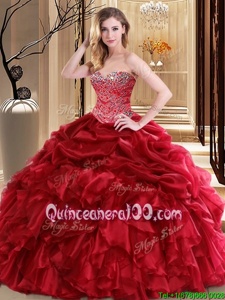 Red Ball Gowns Organza Sweetheart Sleeveless Beading and Pick Ups Floor Length Lace Up Quinceanera Gowns