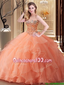 Custom Designed Orange Ball Gowns Sweetheart Sleeveless Tulle Floor Length Lace Up Beading Quinceanera Gown