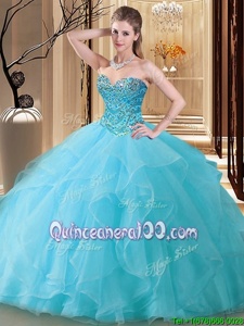 Lovely Sleeveless Floor Length Beading Lace Up Sweet 16 Quinceanera Dress with Aqua Blue