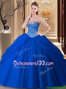 Sleeveless Floor Length Beading Lace Up Sweet 16 Dress with Royal Blue