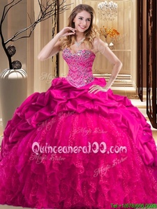 Unique Brush Train Ball Gowns Sweet 16 Dresses Hot Pink Sweetheart Taffeta and Tulle Sleeveless Lace Up