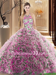 Sleeveless Fabric With Rolling Flowers Brush Train Criss Cross Quinceanera Dress inMulti-color forSpring and Summer and Fall and Winter withRuffles and Pattern