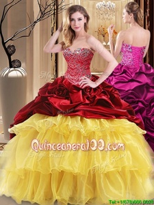 Edgy Sweetheart Sleeveless Lace Up Quinceanera Gown Red and Yellow Organza and Taffeta