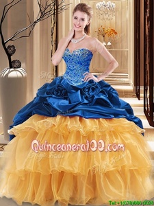 Comfortable Sweetheart Sleeveless Ball Gown Prom Dress Floor Length Beading and Ruffles Navy Blue and Gold Organza and Taffeta