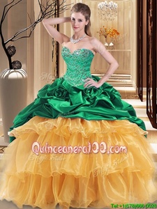 Fine Floor Length Green and Gold Quinceanera Gown Sweetheart Sleeveless Lace Up