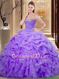Popular Lavender Sweetheart Lace Up Beading and Ruffles and Pick Ups Quince Ball Gowns Sleeveless