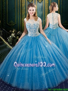 Discount Floor Length Zipper Sweet 16 Dress Blue and In forMilitary Ball and Sweet 16 and Quinceanera withLace