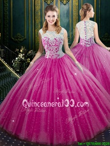 Sexy Fuchsia Ball Gowns Lace Quinceanera Gown Zipper Tulle Sleeveless Floor Length