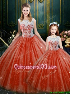 Delicate Orange Red Sleeveless Lace Floor Length Quince Ball Gowns