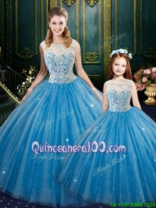 New Style Tulle High-neck Sleeveless Lace Up Lace Quinceanera Gowns inBaby Blue