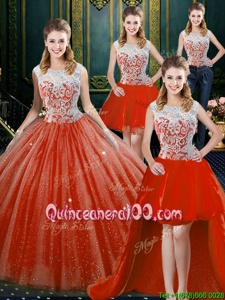 Glittering Four Piece Floor Length Orange Red Quinceanera Dresses Tulle Sleeveless Spring and Summer and Fall and Winter Beading and Lace