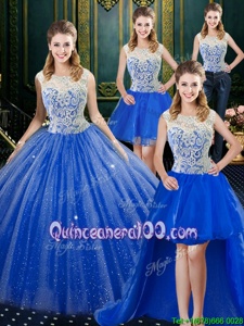 Extravagant Four Piece Royal Blue Sleeveless Brush Train Lace Floor Length Ball Gown Prom Dress