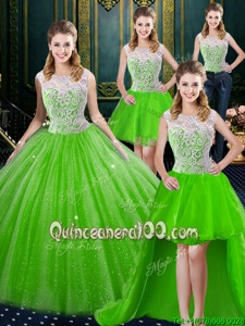 Sexy Four Piece Spring Green Ball Gowns Tulle High-neck Sleeveless Lace Floor Length Zipper Sweet 16 Quinceanera Dress Brush Train