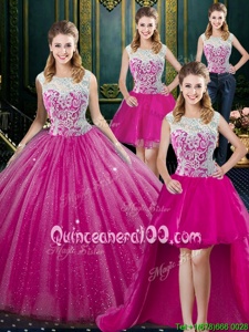 Popular Four Piece High-neck Sleeveless Tulle Ball Gown Prom Dress Lace Zipper